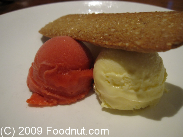 Trio of sorbets and ice cream ($8) with an almond cookie had strawberry cava 