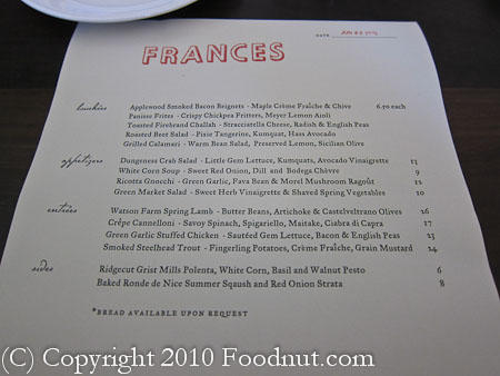Frances San Francisco menu