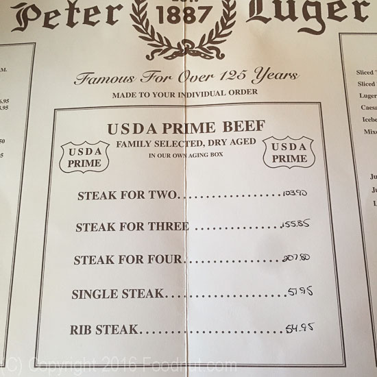Peter Luger Steakhouse Brooklyn New York Menu